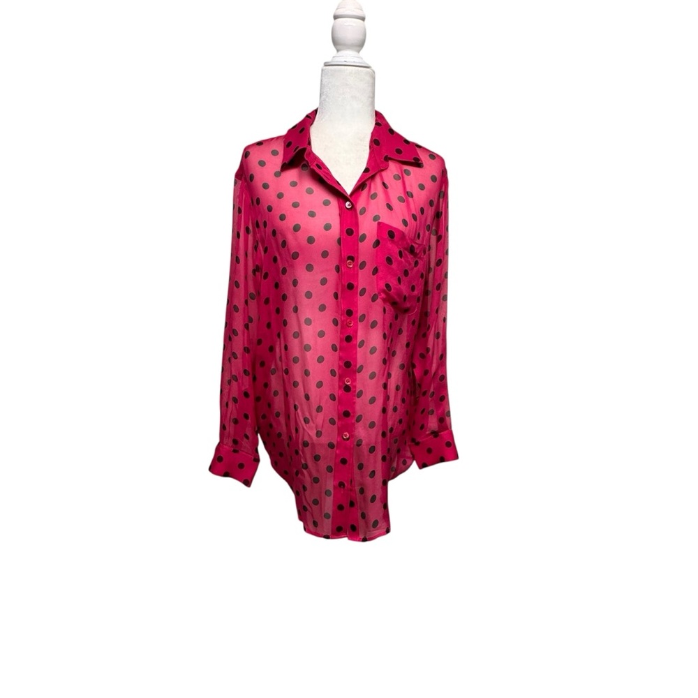 Equipment Femme Daddy pink polka dot silk button‎ down  large top